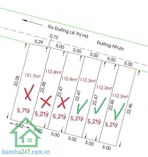 CHỈ 5,2 TỶ (TL) – 3 LÔ LIỀN KỀ MẶT TIỀN TÂN XUÂN 2 – TÔ KÝ NGANG 5M – ĐƯỜNG NHỰA 15M – KINH DOANH ĐỈNH - GẦN CHỢ HÓC MÔN Diện tích: (5 x 23)m Công nhận: 112,4m